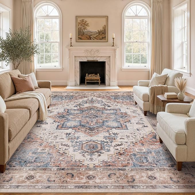 DTICON Vintage Washable 12x15 Area Rug Living Room Rugs, Camel | Boho Distressed, Pet & Kid Friendly, Non-Slip Backing, Soft Polyester, Low-pile Carpet for Living Room, Bedroom, Dining Room