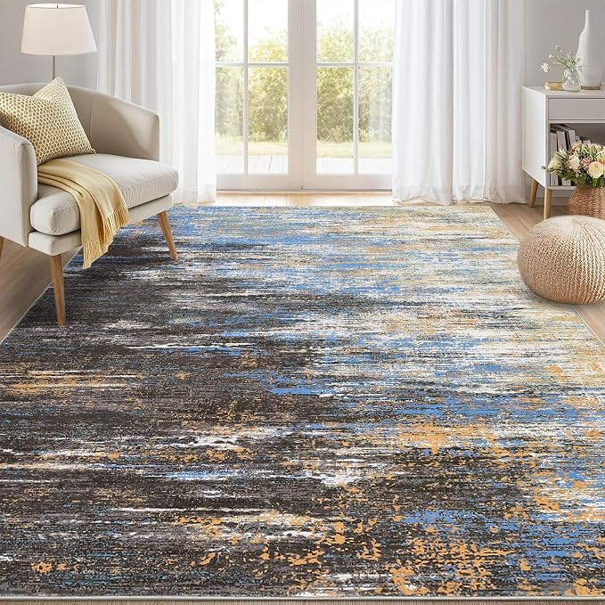 ROYHOME Washable Rug 9x12 Area Rug for Living Room, Blue/Brwon | Non Slip Abstract Rug for Bedroom, Ultra Soft Area Rug, Low Pile Soft Contemporary Indoor Floor Carpet Cover