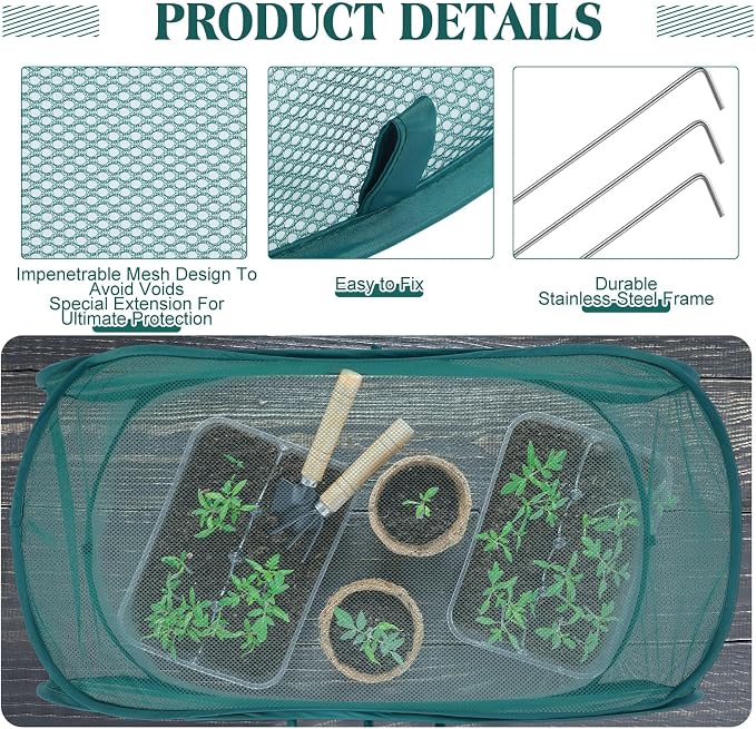Threehoney 4 Pcs 39" x 18" x 16" Pop up Garden Mesh Plant Cover Outdoor Plant Protector Garden Row Raised Bed Cover with Ground Nails Crop Cage Net for Seedlings Vegetable Fruit Herbs (Dark Green)