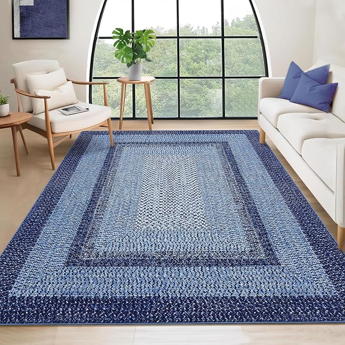 RUGSREAL 10x13 Large Living Room Rug Washable Braided Print Bedroom Rugs | Throw Carpet Farmhouse Rustic Dining Room Non Slip Geometric Bordered Carpet for Home Decor Office, Navy
