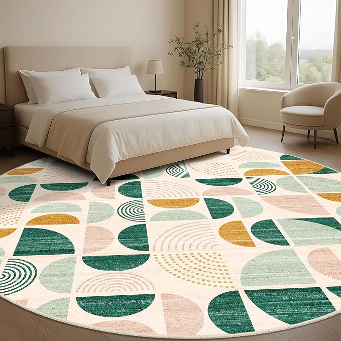 Round Rugs 9ft,Circle Area Rug Washable Non Slip Modern Abstract | Circular Rugs for Living Room Dining Room Boho Large Throw Carpet Soft Low Pile Floor Indoor Bohemian Sage Green