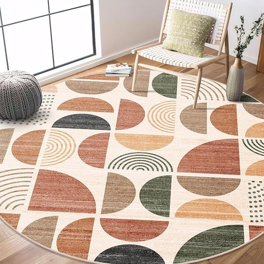 Round Rugs 6ft,Circle Area Rug Washable Non Slip Modern Abstract | Large Circular Rugs for Living Room Dining Room Boho Throw Carpet Soft Low Pile Floor Indoor Bohemian Terracotta