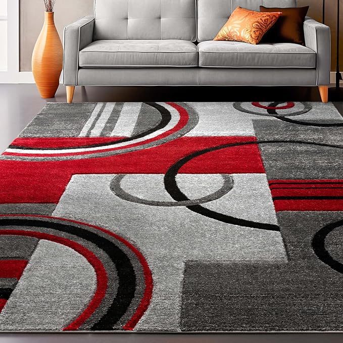 Well Woven Ruby Echo Shapes & Circles Geometric Red and Grey 3 by 5 Rug - Hand Carved Circle Pattern, Modern Contemporary Accent Carpet, Soft Durable Decorative Floor Mat, Stain Resistant Easy Care