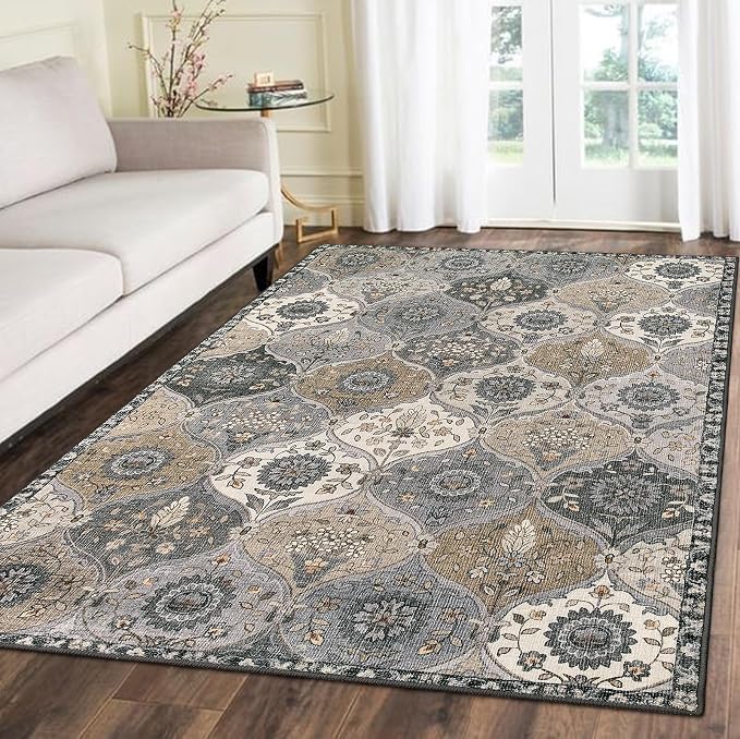 Lahome Moroccan Washable Area Rug, 5x7 Rugs for Living Room Indoor Non-Slip | Trellis Large Oriental Accent Throw Carpet for Bedroom Entryway Bathroom Office Elise, Grey