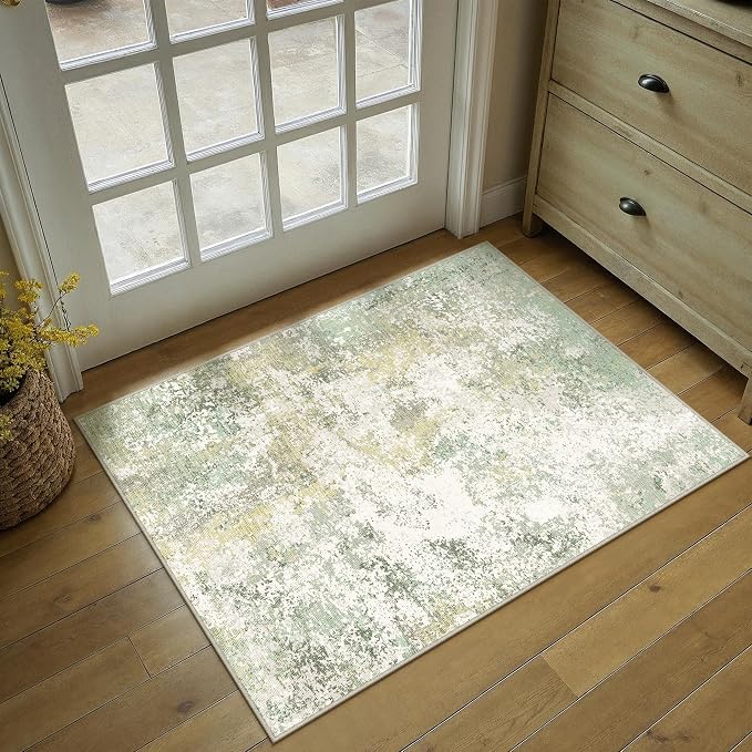 2x3 Green Modern Abstract Washable Area Rug for Entryway | Low Pile, Non Slip, Modern Abstract Style, Soft Indoor Rug for Entryway, Kitchen, Bathroom, Door Mat, Home Decor