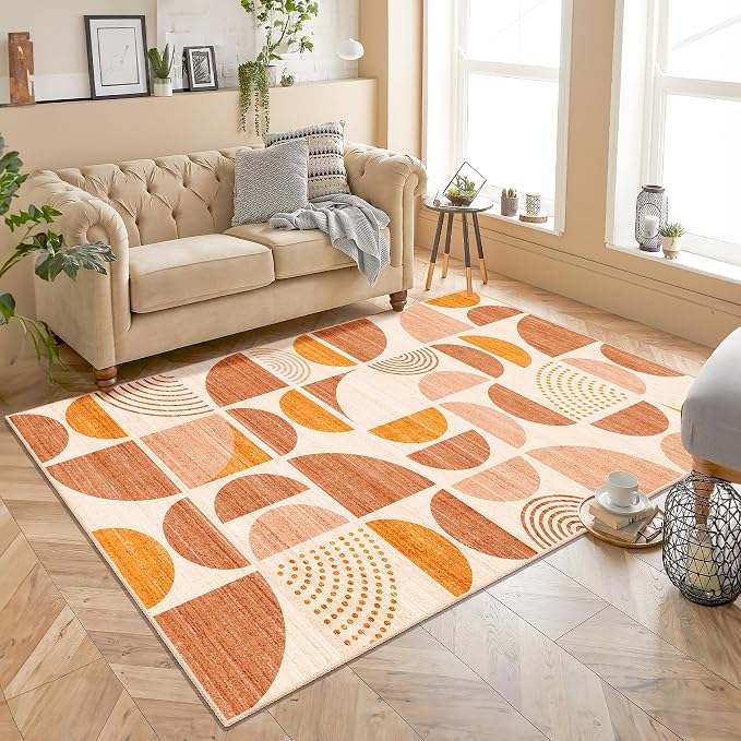 Boho Rug Washable,4x6.5 Area Rugs for Bedroom Living Room Bedside Office,Throw Floor Carpet Non Slip Soft Indoor Modern Abstract Bohemian Orange
