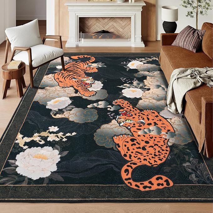 Tiger 8x10 ft Area Rug, Japanese Washable Rugs for Living Room, Large Soft Non Slip Ultra Thin Stain Resistant Floor Carpet for Home Office Bedroom, Black