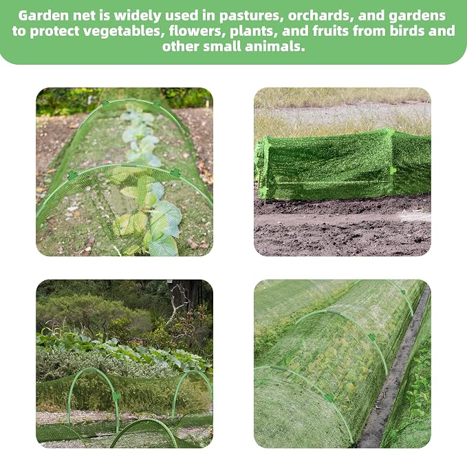 U0U Garden Mesh Netting Kit,7.8 x 24 Ft Plant Netting with Hoops,Bird Net for Garden with 6 Sets Garden Hoops & 18 Clips,Garden Net Bed Cover for Plants Birds Animals Protection