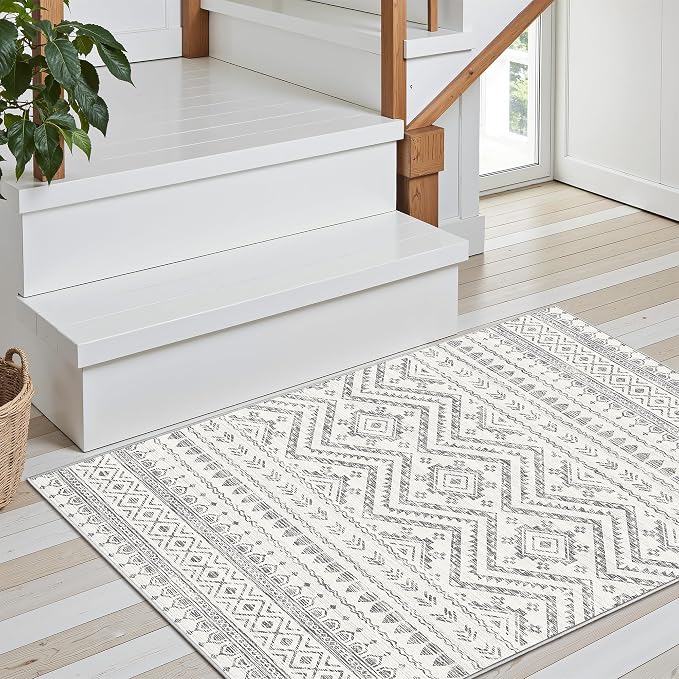 Miukiki 2x3 Entryway Rug Washable Non Slip Moroccan Area Rugs Grey | Soft Low Pile Kitchen Rug for Bedroom Bathroom Floor, Indoor Small Rug Easy Clean Machine Washable Rugs 2'x3'