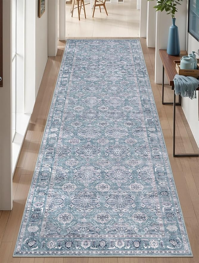 SERISSA 2'6"x10' Washable Non Slip Floral Boho Runner Rug for Hallway | Ultra Soft Vintage Floral Carpet Low-Pile Blue Grey Indoor Mat Throw Rug for Kitchen Stair Bedroom Bathroom Laundry Room