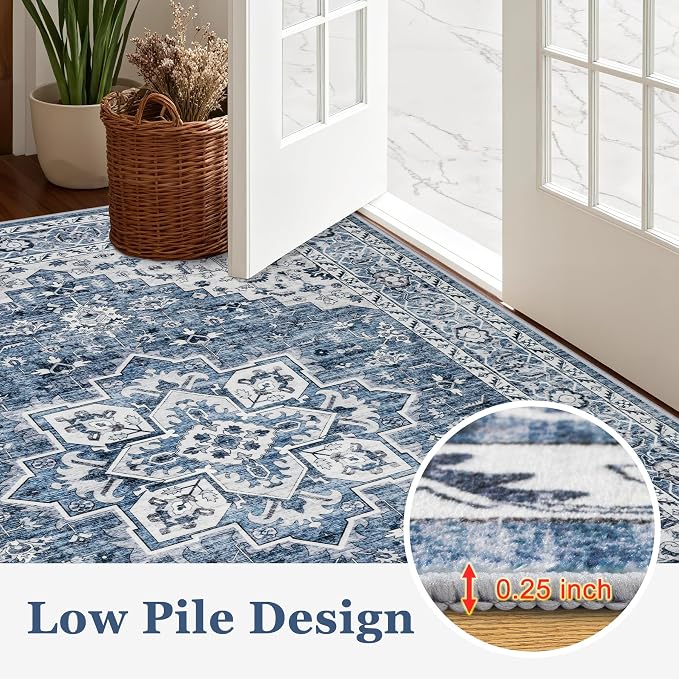 Round Area Rug for Living Room: 4ft Washable Rug for Bedroom Blue | Vintage Boho Soft Round Rug Indoor Floor No Slip Carpet Stain Resistant Rugs for Bedroom Dining Room Nursery Home Office