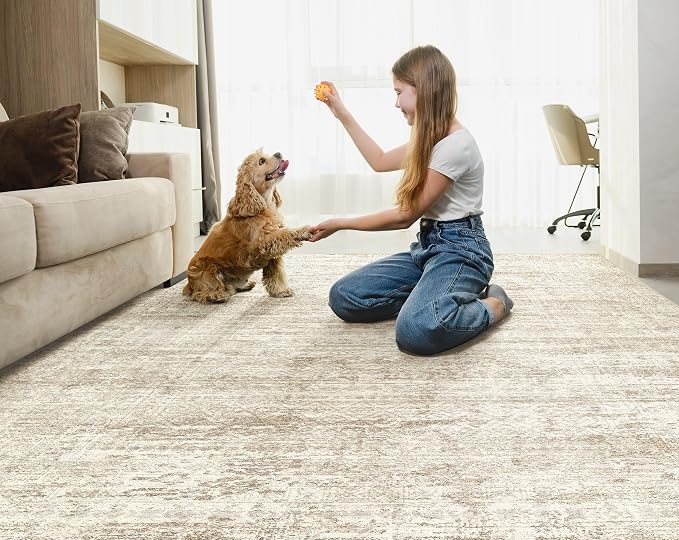 UERMEI 9x12 Washable Area Rug - Neutral Modern Abstract Living Room Rugs, Non-Slip Soft Large Indoor Floor Carpet for Bedroom Home Office & Under Dining Table Decor, Beige/Brown