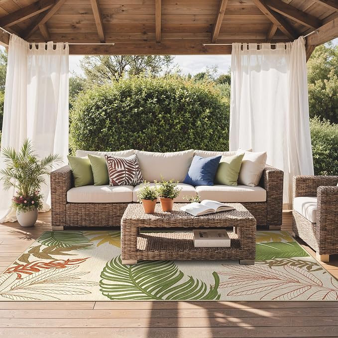 GENIMO Outdoor & Indoor Area Rug 6'x9', Waterproof, Non-Shedding, Easy Cleaning, Leaf Mat for Patio, Living Room, Balcony, Dining Room, RV, Deck, Bedroom, Camping, Outside Carpet, Olive Mustard
