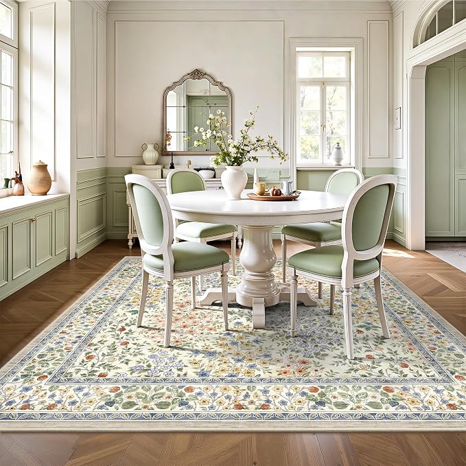 6x6 Square Area Rugs, Machine Washable Low Pile Floral Rugs for Living Room, Bedroom, Large Boho Area Rug with Non-Slip Backing for Dining Room(Beige Floral)