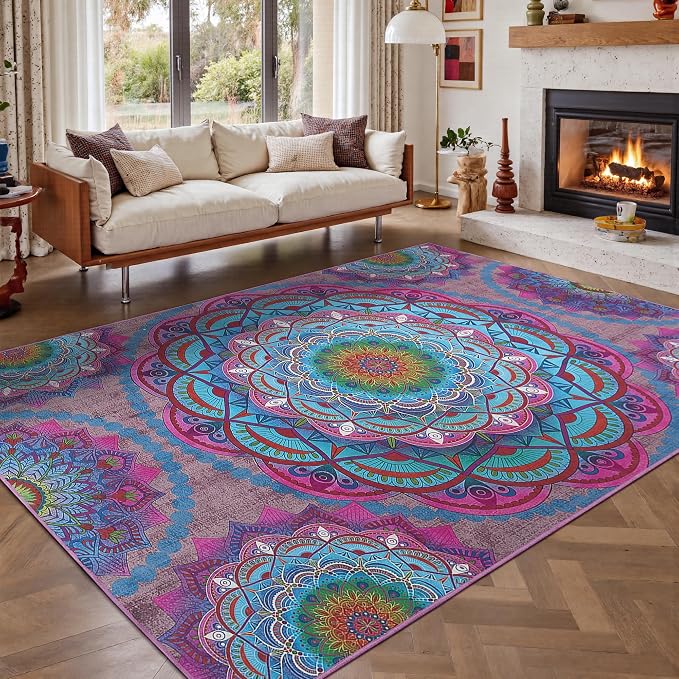 Arenarug Meditation Indoor Outdoor Rug 4x6 ft Mandala Pattern Rug Boho Style,Yoga Meditation Mat Picnic Rug for Patio Living Room Porch Garden Deck Backyard Easy to Clean Non Shedding Non-Slip
