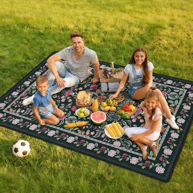 Floral Picnic Blankets Waterproof Foldable, 60″X80″ Packable Picnic Mat Boho Outdoor Blanket for Grass, Large Beach Blanket Sandproof Picnic Accessories for Camping Music Festival Park Lawn Travel