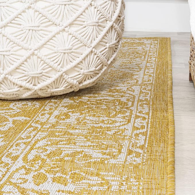 JONATHAN Y Weave Floral Indoor Outdoor Square Area Rug 5X5 Yellow/Cream, Tela Bohemian Textured for Backyard, Patio, Porch, Easy-Cleaning, High Traffic, Pet-Friendly, Non-Shedding (SMB100E-5SQ)