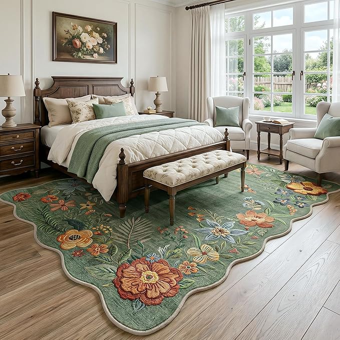FMFUNCTEX 8x10 Washable Sage Green Boho Scalloped Area Rug for Living Room | Floral Vintage Flower Colorful Traditional Soft Distressed Non Slip Low Pile Large Indoor Carpet Dining Bedroom Nursery