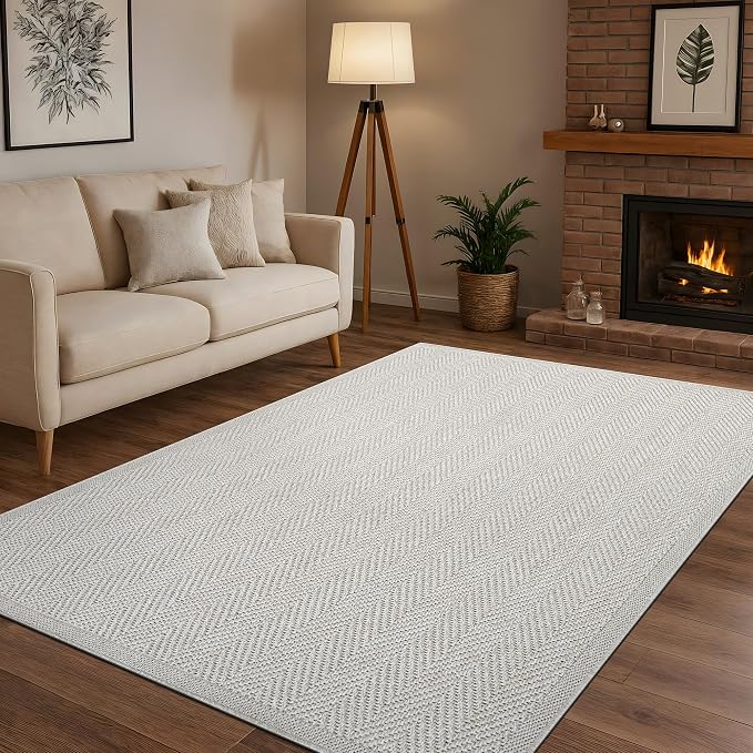 CAMILSON Easy Jute Rug 4x6, Indoor Outdoor Off-White Color Fiber Area Rugs for Living Room Patio and Kitchen Rug Herringbone Seagrass Woven Design Easy-Cleaning Washable Outside Carpet Alfombras 4 x 6