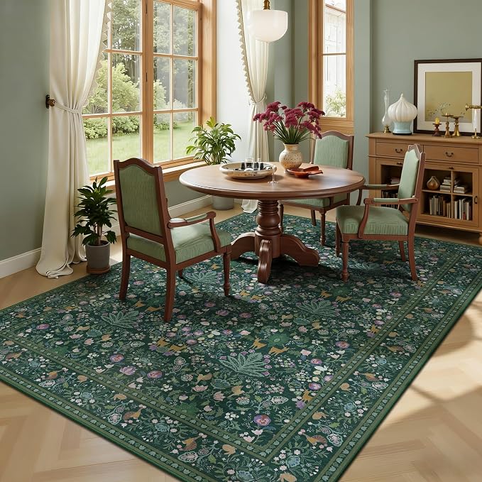 5x7 Area Rugs, Vintage Rugs for Bedroom, Indoor Non-Slip Washable Rug for Living Room, Dining Room, Low Pile Home Decor Floral Rug(Dark Green)