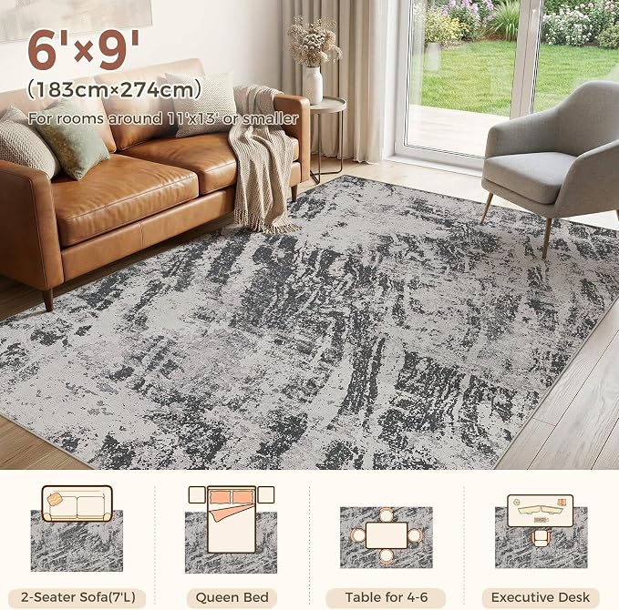 DMOYEST 6x9 Area Rug for Living Room Washable Abstract Indoor Carpet | Neutral Modern Low Pile Rugs Kid & Pet Friendly Soft Thin Carpet for Bedroom Dining Room and Office - Light Black