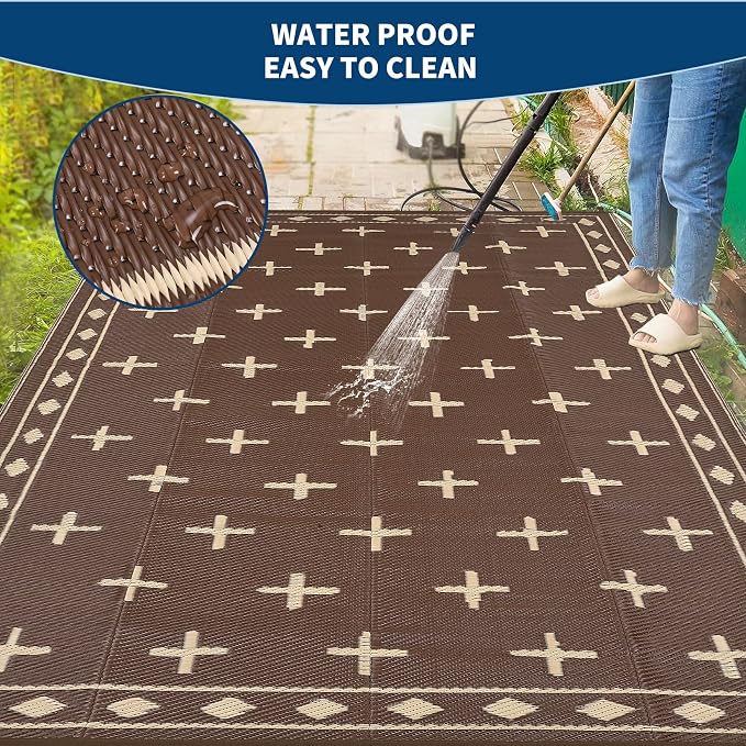 Waterproof Outdoor Rug 8x10, Modern Reversible Plastic Straw Patio Camping Rugs, Outdoor Indoor RV Mat Carpet for Patio, Outside Entry, Backyard, Deck, Bench, Picnic, Camper，Brown/Coffee