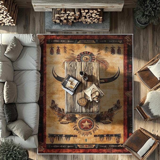 Western Area Rug Southwestern Cow Washable 8x10 Navajo Tribal Rugs for Living Room Bedroom Cowboy Rustic Non-Slip Soft Floor Large Carpet for Office Entryway Bathroom