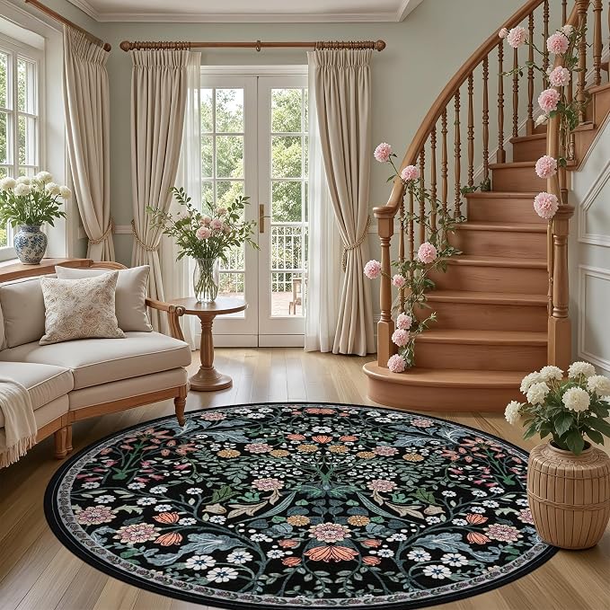 PLHXFR Round Area Rug Living Room: 6 ft Floral Washable Carpet Dark Black | For Bedroom Dining Room Farmhouse Nursery Hallway,Vintage Floral,Machine washable,Non Slip,Stain Resistant,Large Indoor