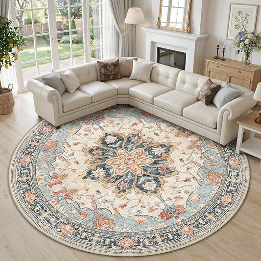 RELEANY Washable Area Rug, Round 10ft, Beige/Blue/Orange | Non-Slip, Water Repellent, Pet Friendly, Easy to Clean, Vintage Floral Boho Decor for Living Room Bedroom Dining Room