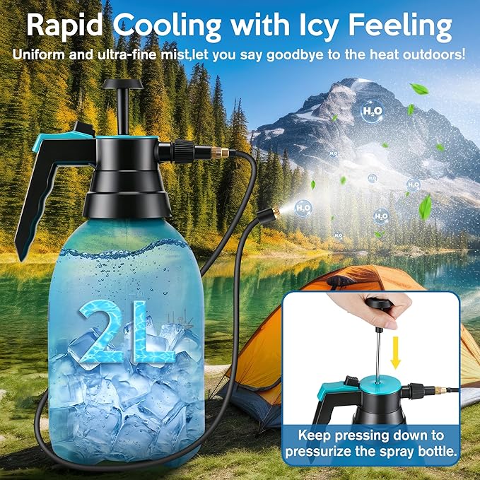 Aurelema Personal Mister, 2 in 1 Water Spray Bottle with 3.3ft Extend Mist Line/Neoprene Jacket/Strap, Portable Handheld Pump Spray Bottle for Outdoor Cooling, Hiking, Garden, Pet(Black,2L)
