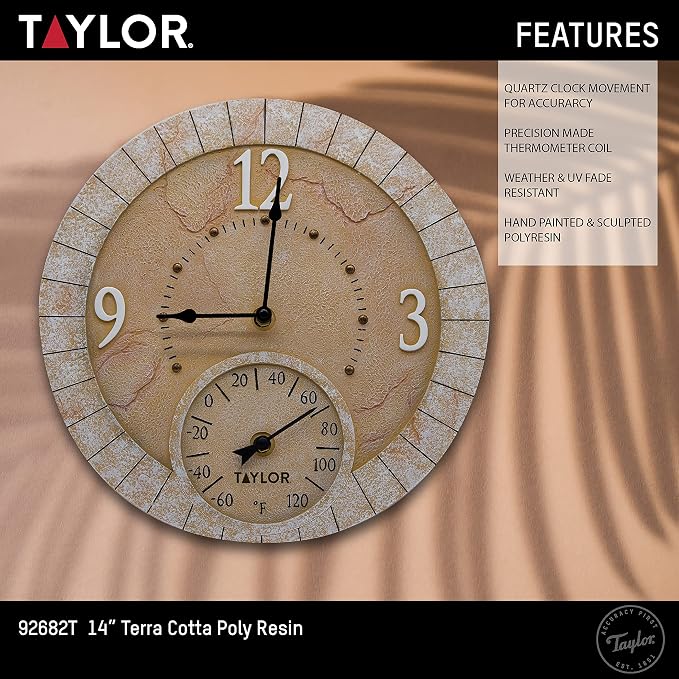 Taylor Terra Cotta Poly Resin Indoor and Outdoor Clock and Thermometer, Home Decor for Garden, Patio, Pool, and Indoor Areas, 14-inch, Multi-Color