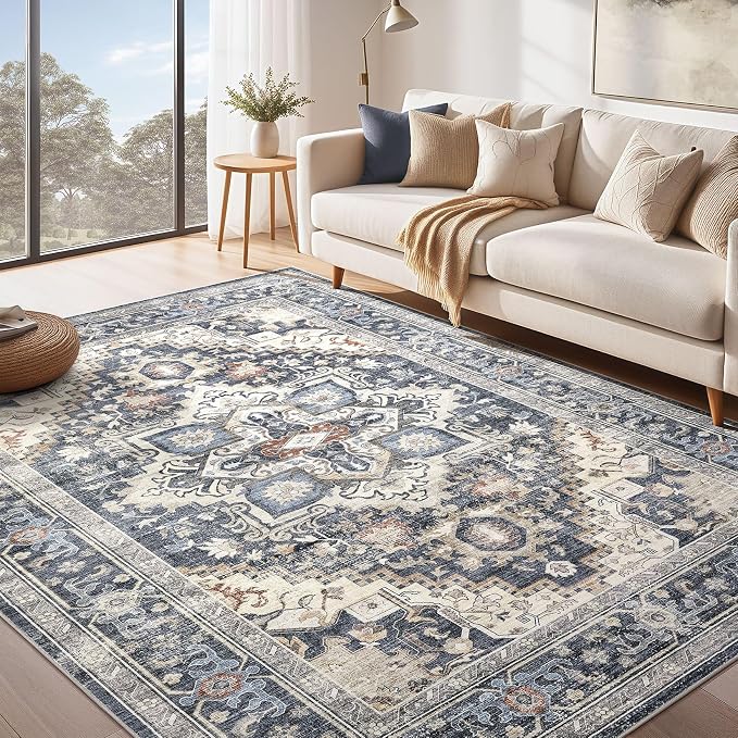 DTICON Vintage Washable 6x9 Area Rug Living Room Rugs, Blue | Boho Distressed, Pet & Kid Friendly, Non-Slip Backing, Soft Polyester, Low-pile Carpet for Living Room, Bedroom, Dining Room