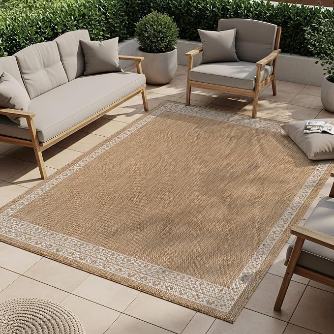 Washable Outdoor Rug 10x14 Modern Area Rugs Outdoor Carpets Bordered Pattern Non Shedding Waterproof Easy Clean Patio Deck Porch Living Room Bedroom Garden RV (10 X 14 Natural)