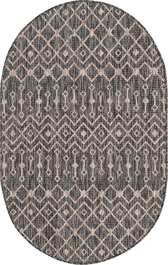 Unique Loom Outdoor Trellis Collection Area Rug - Tribal Trellis (3' 3" x 5' 3" Oval, Charcoal Gray/ Natural)