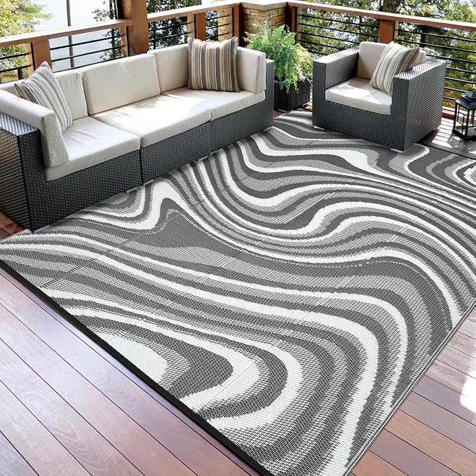 Garvee Waterproof Outdoor Rug 10x14 Large Abstract Outdoor Camping Rug with Portable Bag, Reversible Plastic Straw Rugs Foldable Lightweight UV Resistant Mats for Picnic Backyard RV Beach, Black Grey
