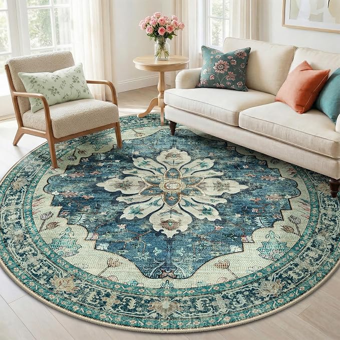 RELEANY Washable Area Rug, Round 6ft, Blue/Vintage Dark Blue | Non-Slip, Water Repellent, Pet Friendly, Easy to Clean, Vintage Floral Boho Decor for Living Room Bedroom Dining Room