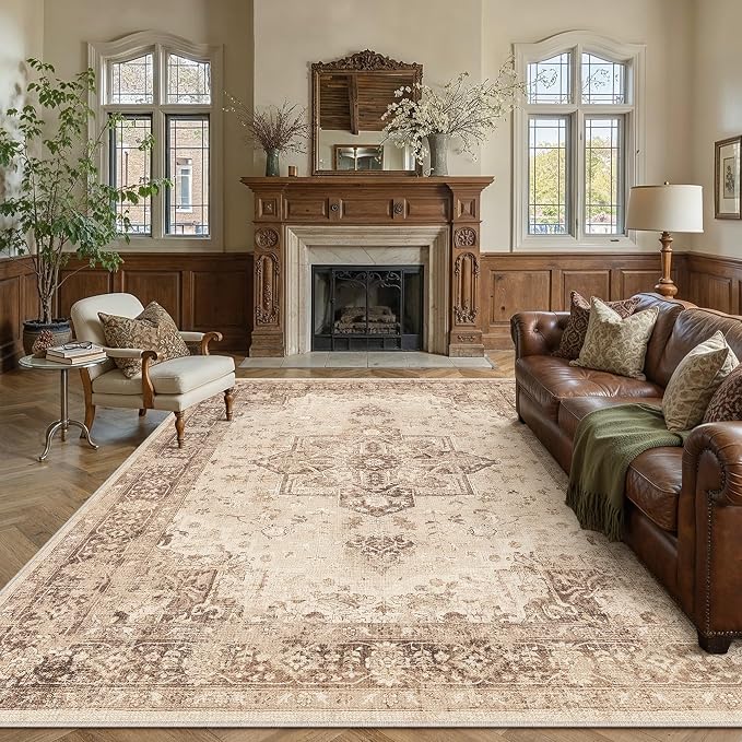 Brown 8x10 Washable Area Rug Living Room Vintage Oriental Carpet | Soft Low Pile, Non Slip, Stain Resistant, Floral Medallion, Retro Indoor Decor for Bedroom, Dining Room, Kids Room, Office