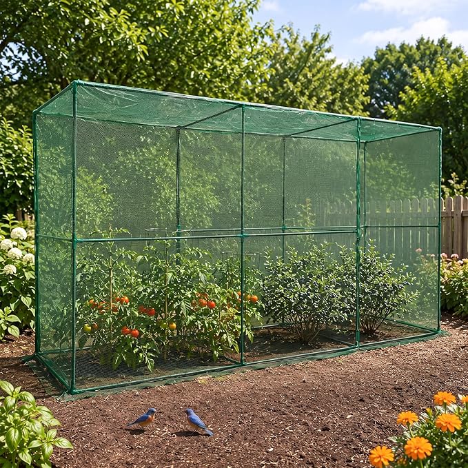 Aoodor 11x3.9x6 FT Crop Cage, Plant Protection Tent with Heavy Duty Steel Frame and Zippered Doors, Green Netting Cover for Garden, Lawn, Yard