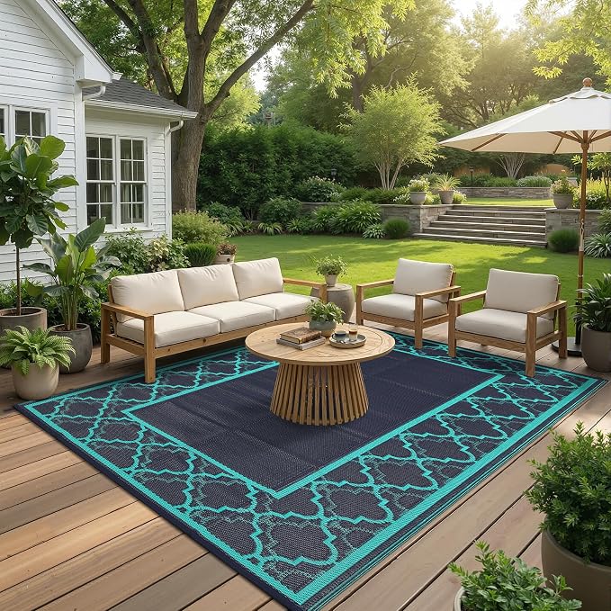 Garvee Reversible Outdoor Rug 8x10, Waterproof Outdoor Plastic Straw Rug with Interlacing Pattern, RV Mat for Picnics, Patio, Camping, Balcony, Deck, Backyard, Porch, Navy