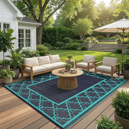 Garvee Reversible Outdoor Rug 6x9, Waterproof Outdoor Plastic Straw Rug with Interlacing Pattern, RV Mat for Picnics, Patio, Camping, Balcony, Deck, Backyard, Porch, Navy