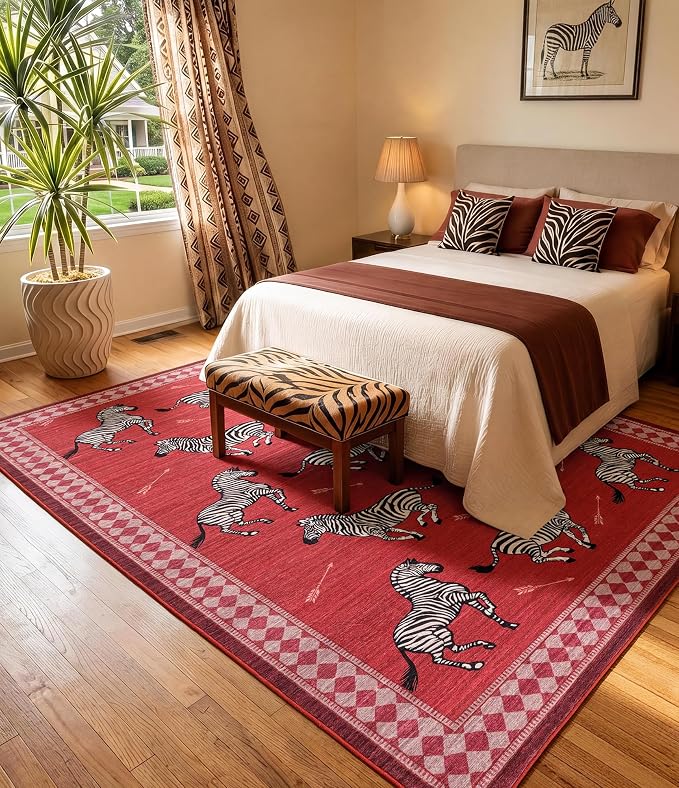 YIHOUSE Red Zebra Area Rugs 9×12, Washable Animal Print Rug with Checkered Border, Non-Slip Low Pile Mid-Century Modern Carpet for Living Room, Bedroom, Dining Room, Home Decor