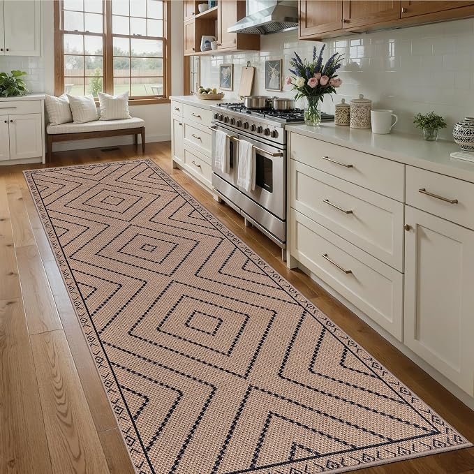 Tangsoo Easy Jute Rug 2.6x10 Washable Runner Rug for Hallways,Neutral Geometric Ultra Thin Indoor Carpet Runner Farmhouse Long Rnner Mat for Kitchen Entryway Laundry