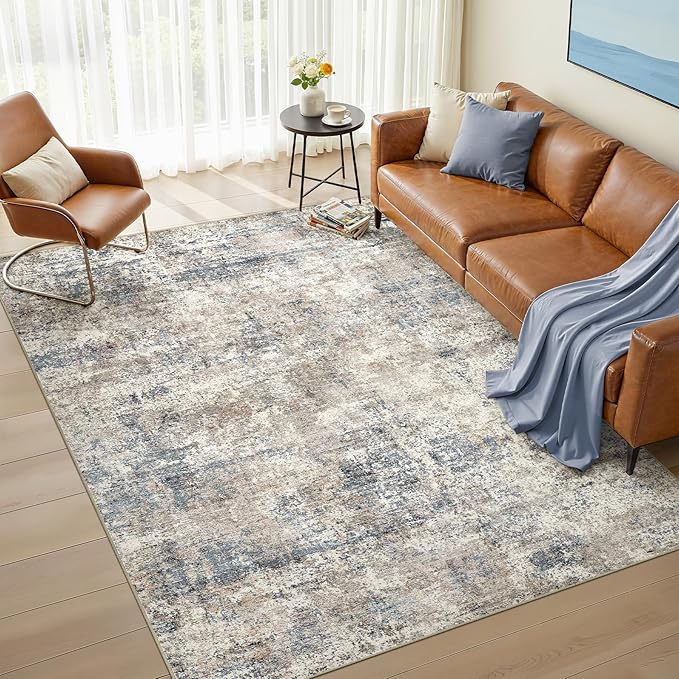 Nakagishi 6X9 Abstract Washable Area Rugs for Living Room-Blue Brown | Modern Non-Slip Silicone Backing Low Pile Soft Carpet for Bedroom Dining Decor Ideal for Families with Kids and Pets