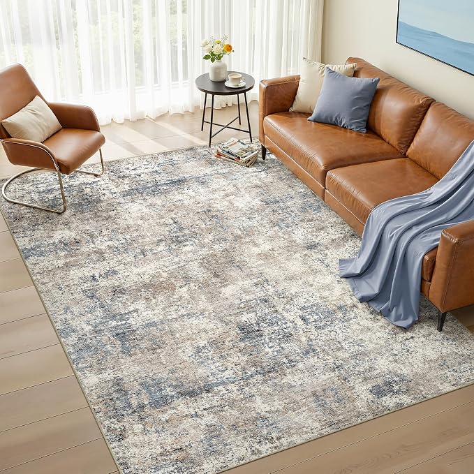 Nakagishi 5X7 Abstract Washable Area Rugs for Living Room-Blue Brown | Modern Non-Slip Silicone Backing Low Pile Soft Carpet for Bedroom Dining Decor Ideal for Families with Kids and Pets