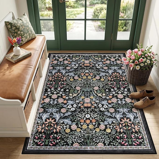 PLHXFR Area Rug Living Room: 3x5 Floral Washable Boho Carpet Dark Black | For Bedroom Dining Room Farmhouse Nursery Hallway,Vintage Floral,Machine washable,Non Slip,Stain Resistant,Large Indoor