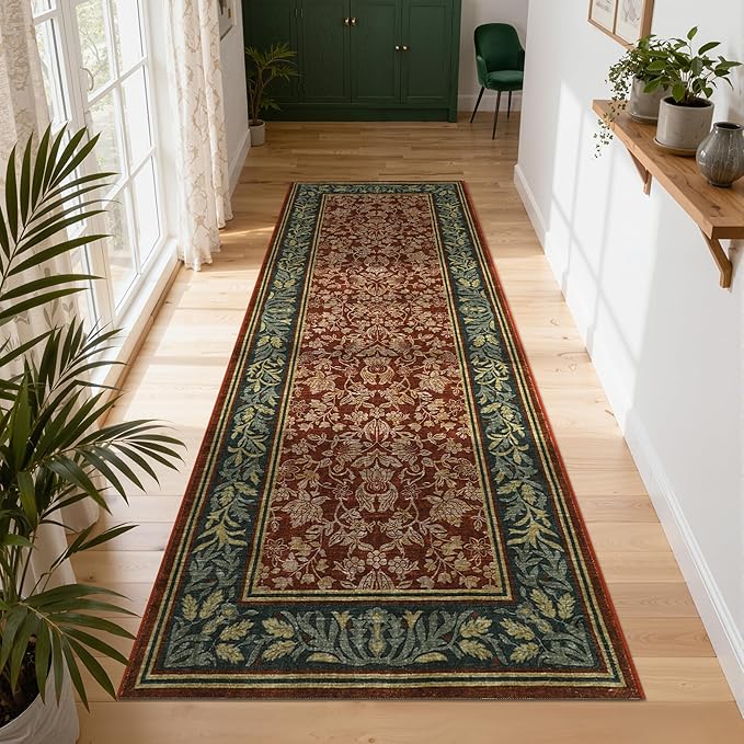 GarveeHome Washable 2.5x10 Hallway Runner Rug Non Slip Kitchen Rugs, Red | Boho Vintage Runner Rugs with Rubber Backing Soft Low-Pile Stain Resistant Indoor Long Carpet for Entryway Bedroom Laundry