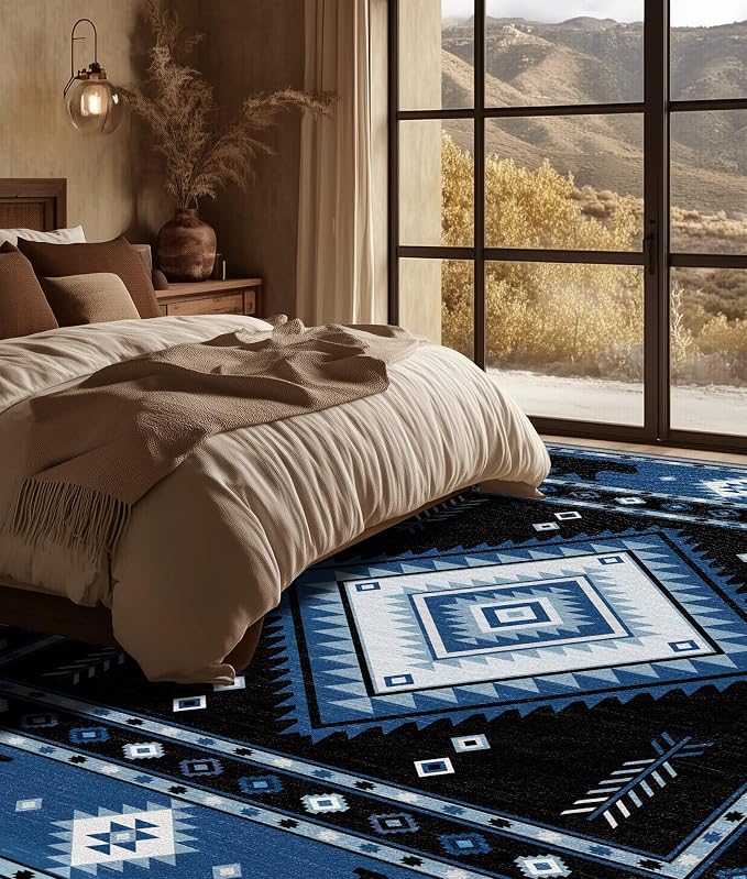 Aztec Rug 6x8 - Southwestern Bear Cabin Area Rugs for Living Room Bedroom, Rustic Farmhouse Machine Washable | Non-Slip | Soft Large Carpets, Native American Home Decor (Blue White Black)