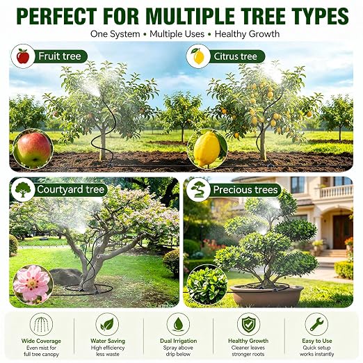 High-Flow Tree Irrigation System, 15FT 12mm Hose & 2Pcs 6.5FT Adjustable Nozzles, for Tree Roots & Canopies Irrigation, Leaf & Fruit Cleaning, Ideal for Fruit Trees & Ornamental Trees