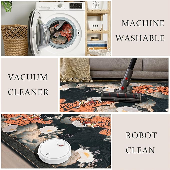Tiger 8x10 ft Area Rug, Japanese Washable Rugs for Living Room, Large Soft Non Slip Ultra Thin Stain Resistant Floor Carpet for Home Office Bedroom, Black