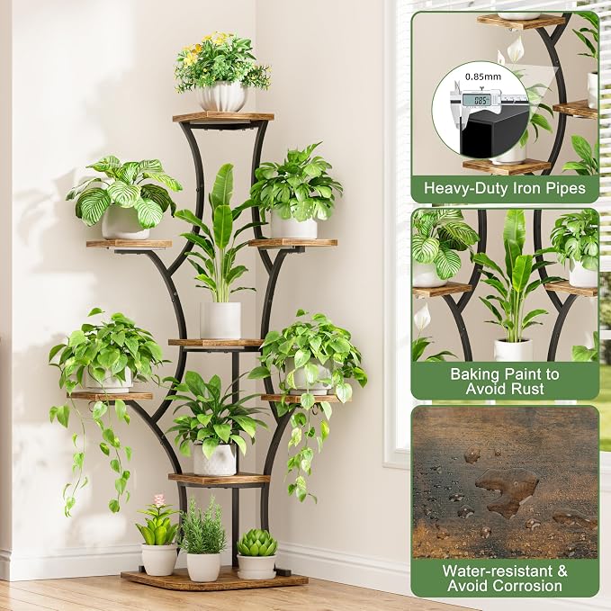 Corner Indoor Plant Stand With Grow Lights, 8 Tier, 52.6" Tall | Plant Shelf, Flower Holder, Display Rack,Heavy Duty Anti-rust Iron Pipes, Water-resistant & Anti-corrosive Wood, Auto Timer
